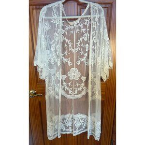 Embroidered Floral Duster OS Ivory Festival Boho Kimono Cardigan Sheer Beach